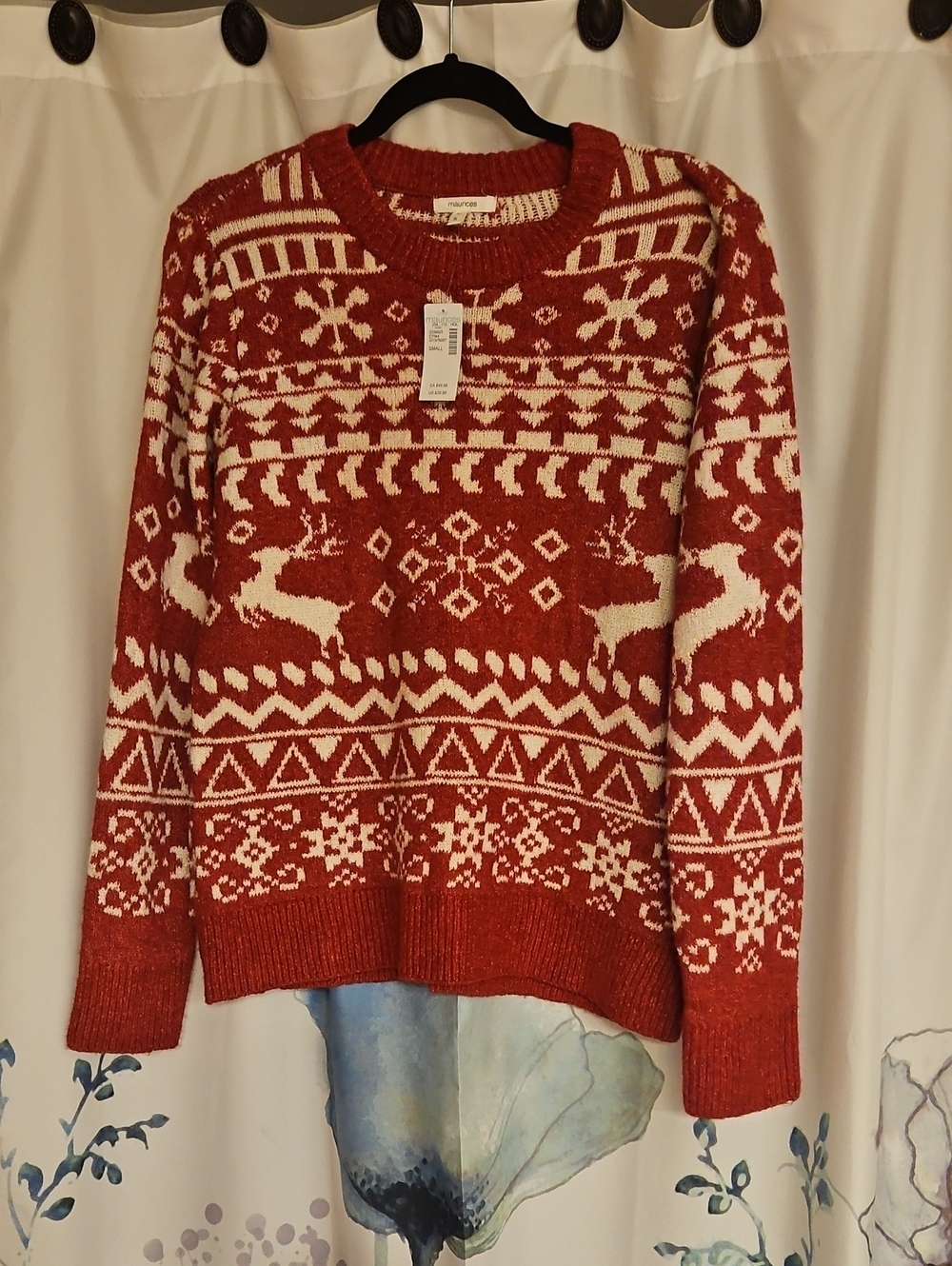 Maurices Red and White Fair Isle Reindeer Crewneck Sweater